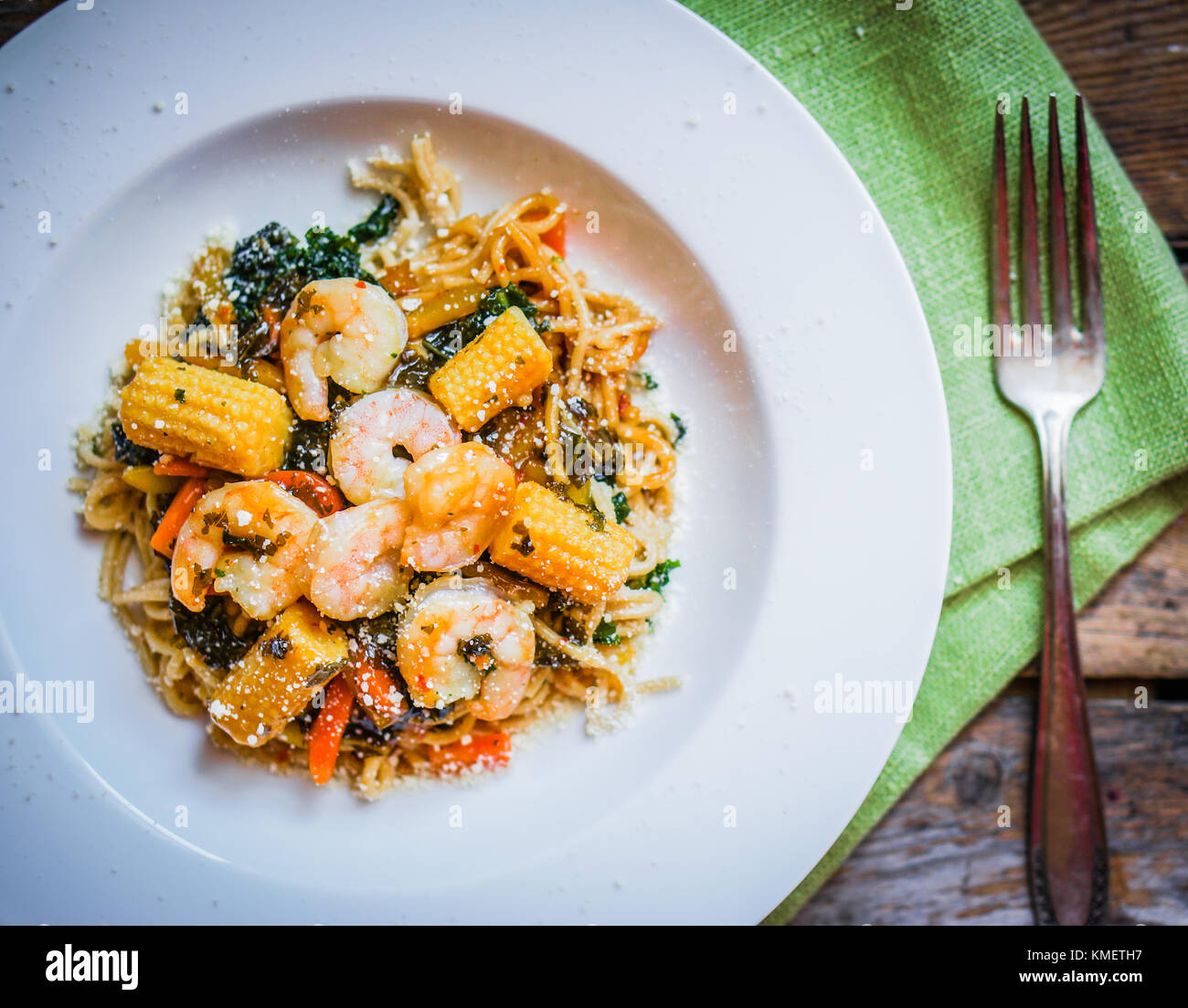 Italian Pasta With Shrimp And Vegetables Stock Photo - Alamy