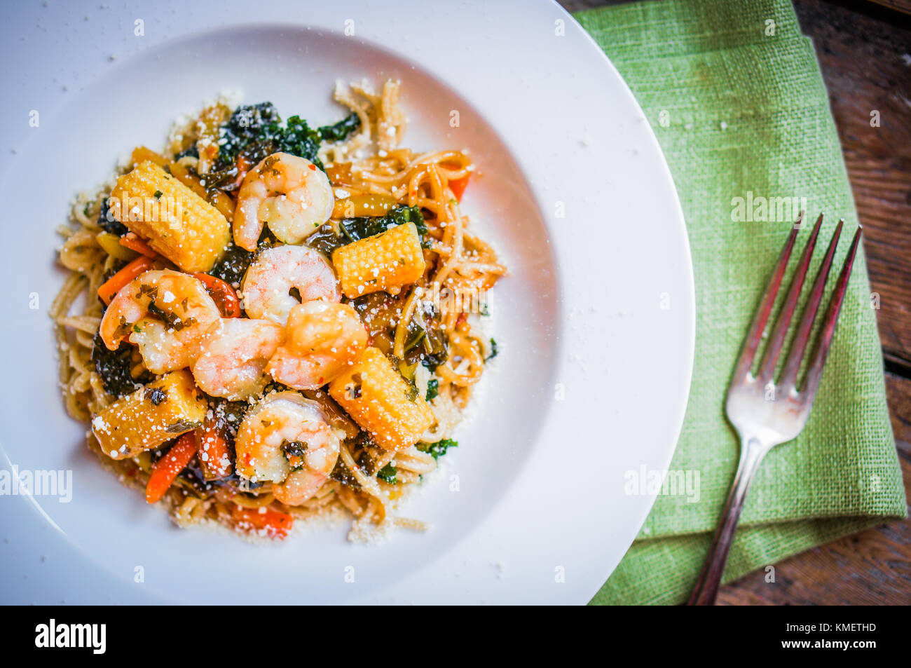 Italian Pasta With Shrimp And Vegetables Stock Photo - Alamy