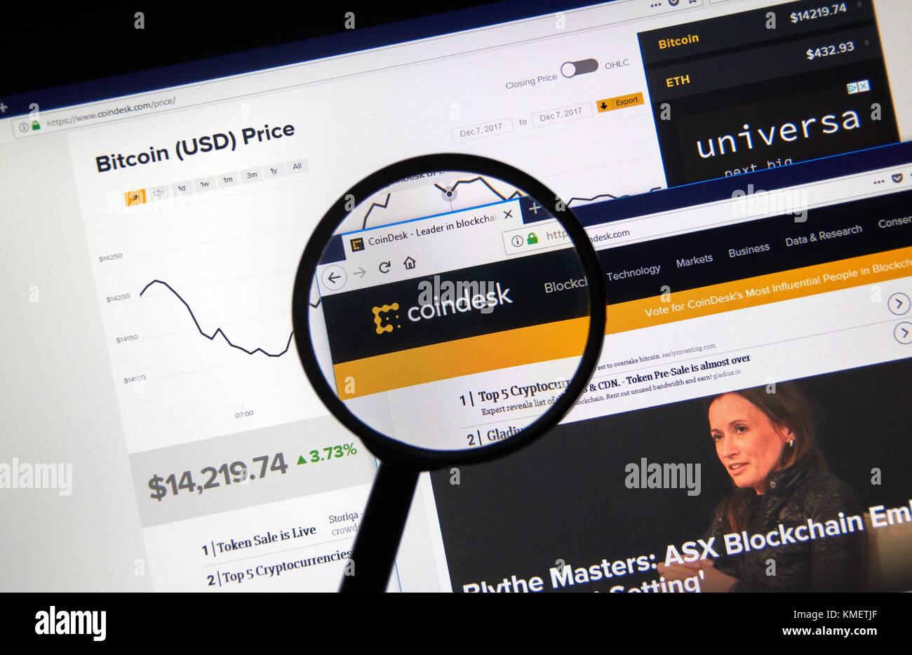 MONTREAL, CANADA - DECEMBER 7, 2017: Coindesk home webpage and logo under magnifying glass. CoinDesk is a news site specializing in bitcoin and digita Stock Photo