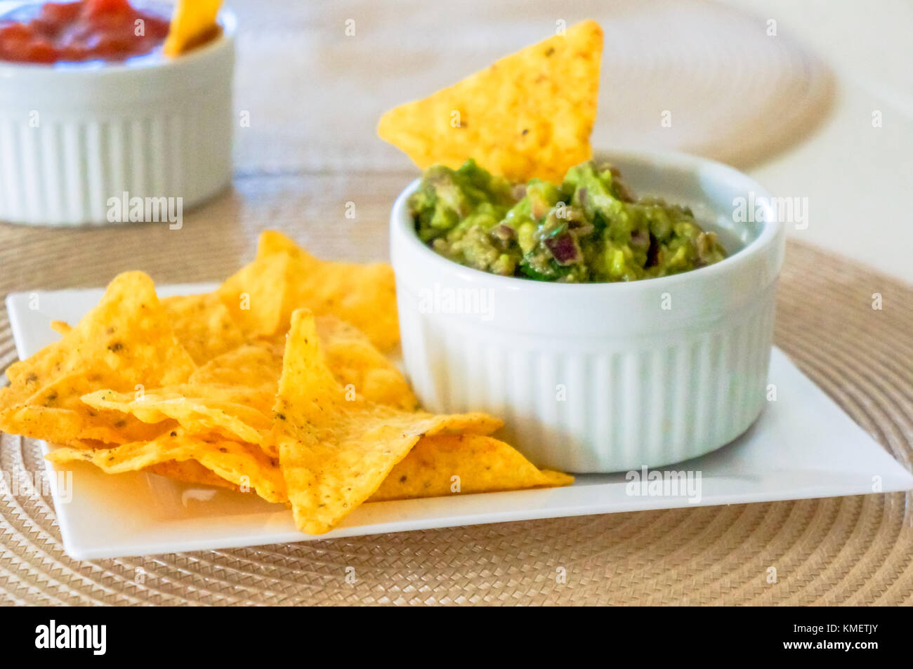 Mexican Nachos Homemade Mexican Salsas With Corn Chips Stock Photo Alamy