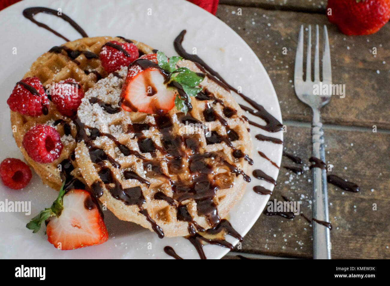 Waffles With Strawberries On Wooden Background Stock Photo - Alamy