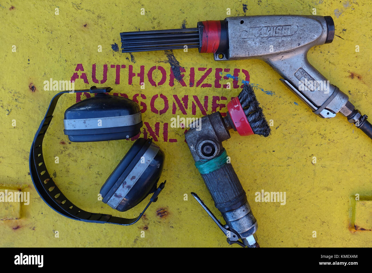 A Selection of Air Powered Shipboard Maintenance Tools Stock Photo
