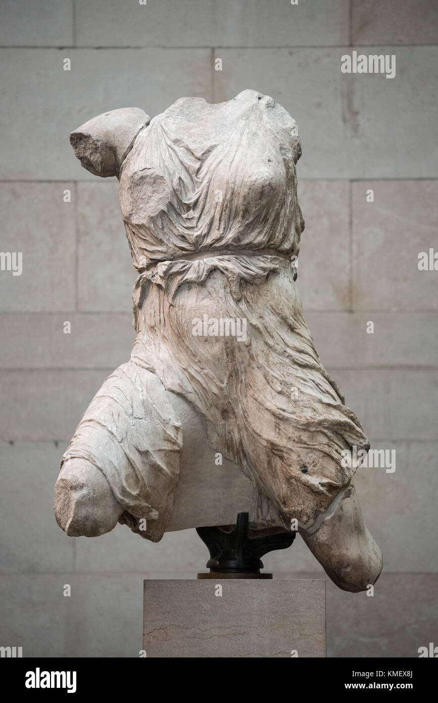 London. England. Parthenon sculptures aka Elgin Marbles. Sculpture of Iris by Phidias, ca. 438–432 B.C. British Museum Stock Photo