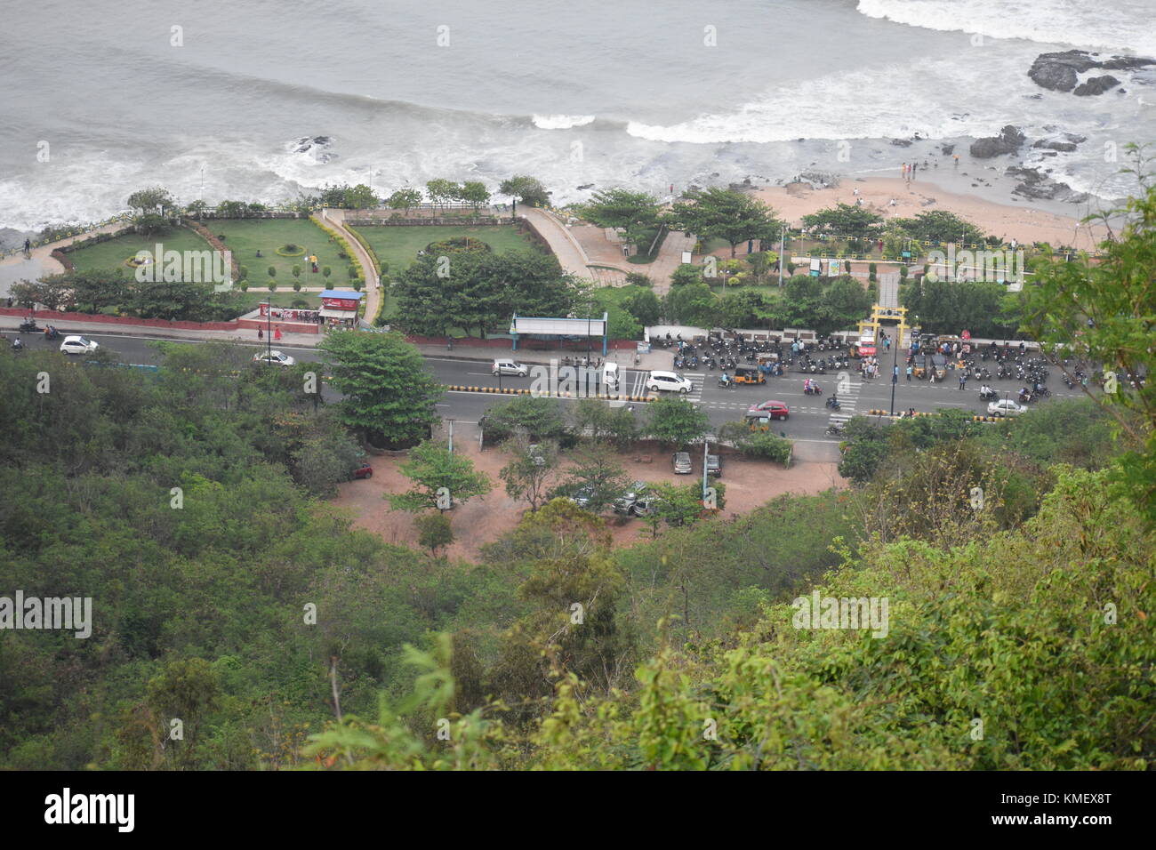 Awesome view of  sea beach from top of a hill. Stock Photo