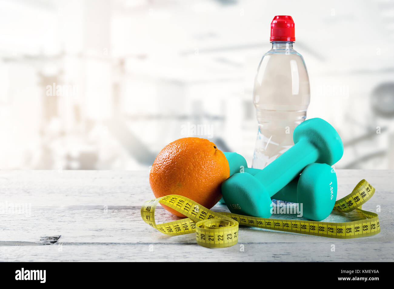 healthy lifestyle fitness items on the table at gym Stock Photo