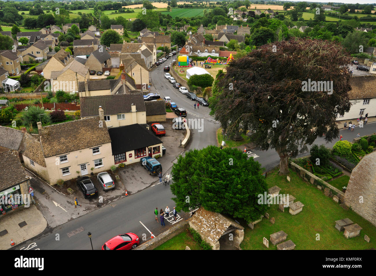 Sherston village centre from church tower, on village festival day. Wiltshire,England,UK, Stock Photo