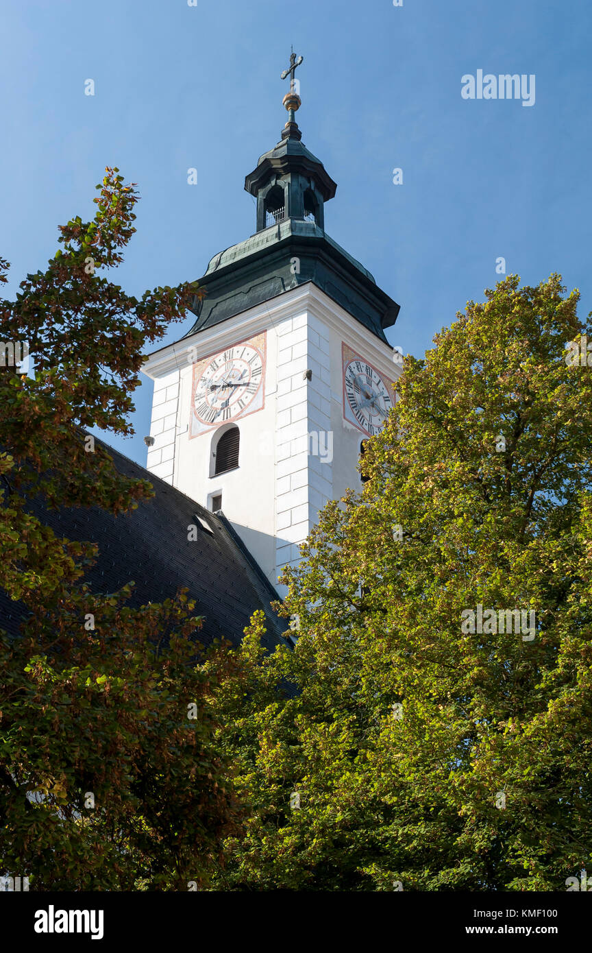Church tower in Grein, Perg District, Upper Austria, Austria, Europe Stock Photo