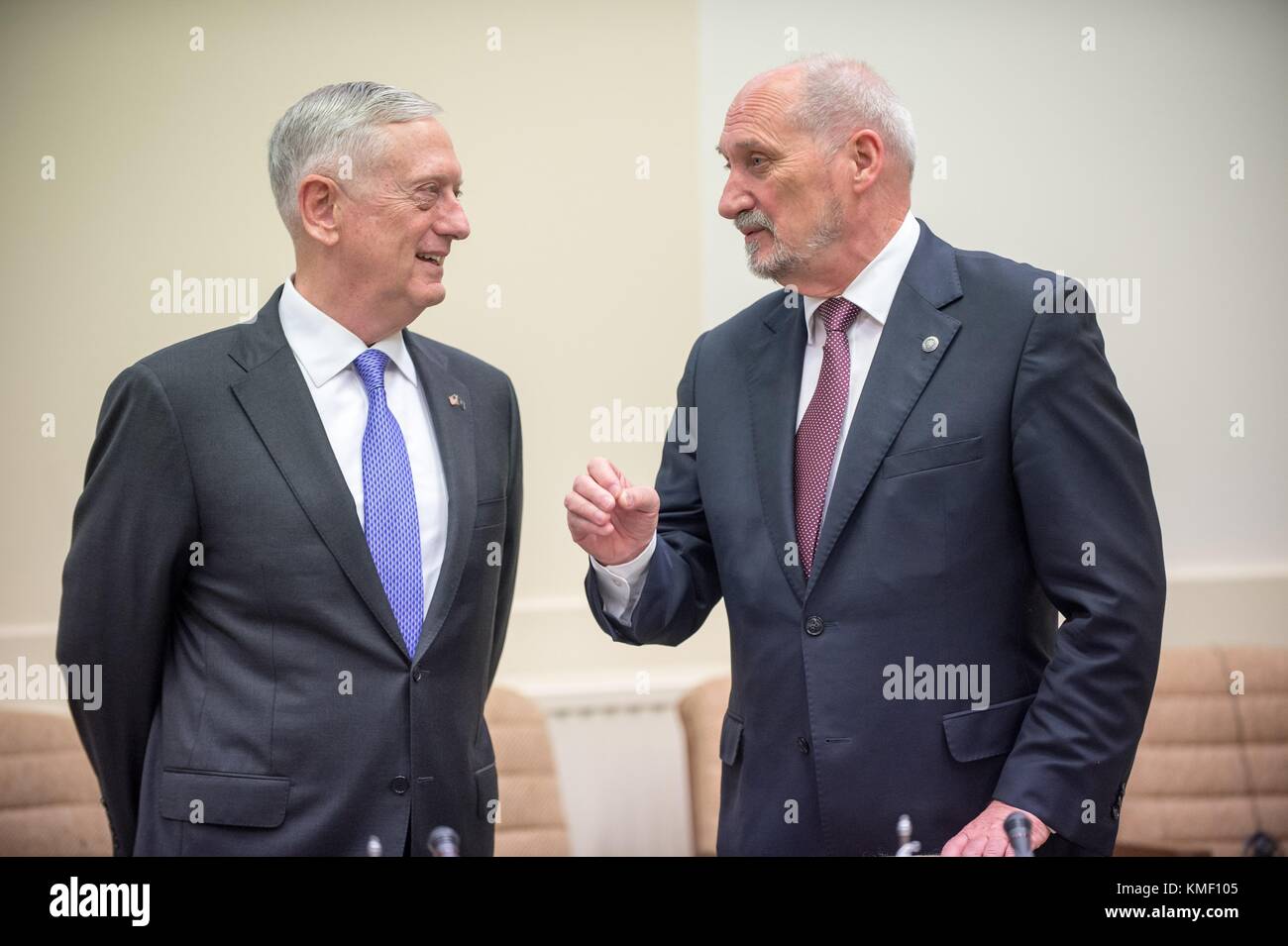 U.S. Defense Secretary James Mattis (left) speaks with Polish Defense Minister Antoni Macierewicz before a meeting at the NATO Headquarters June 29, 2017 in Brussels, Belgium. (photo by Jette Carr  via Planetpix) Stock Photo