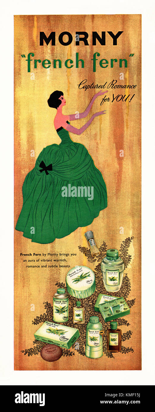 Old advert for a Morny 'French Fern' - a range of women's bathroom products including toilet soap, talcum powder, perfume and bath salts. It appeared in a magazine published in the UK in 1959 Stock Photo
