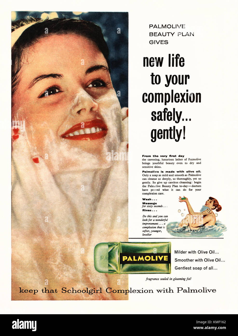 An advert for Palmolive soap - it appeared in a magazine published in the UK in 1959. The advert features a photograph of a woman (in full make-up!) lathering her face and claims that using Palmolive with its olive oil will help a woman keep a 'schoolgirl complexion' Stock Photo
