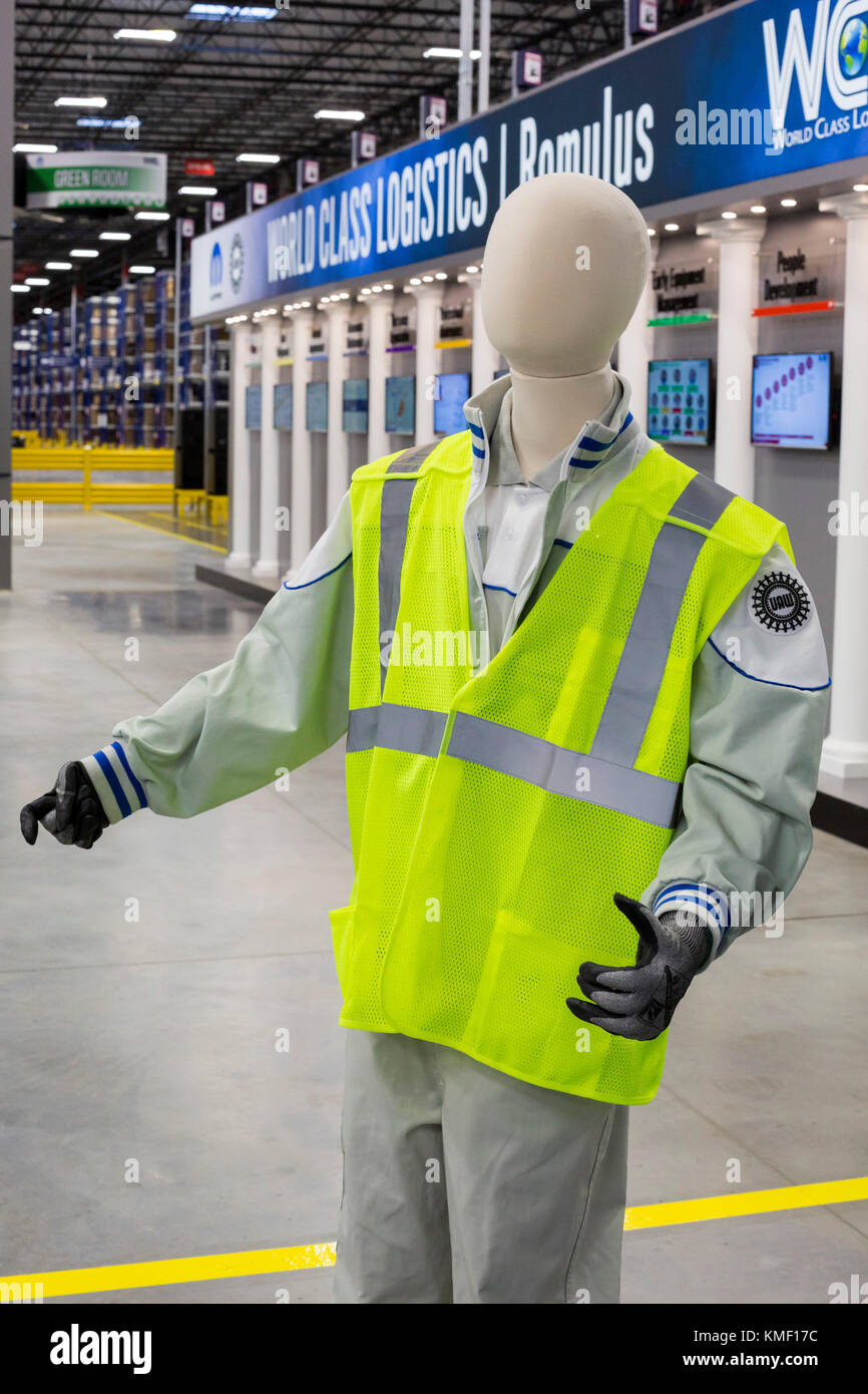 Romulus, Michigan - A mannequin wearing a safety vest and a United Auto Workers union emblem at a Mopar auto parts distribution center. Mopar is the a Stock Photo