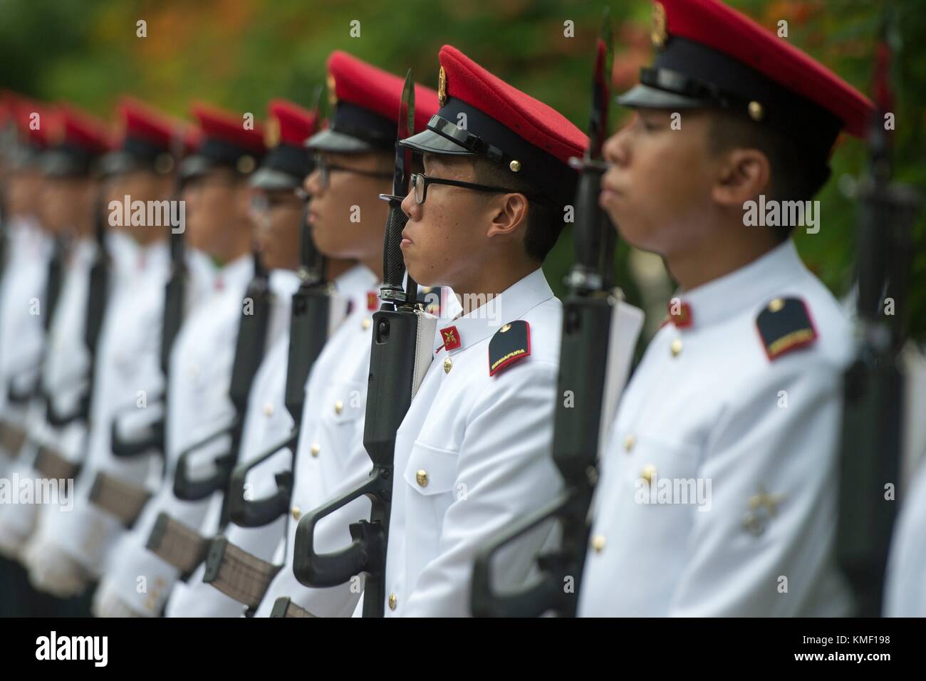 The Singaporean Army Honor Guard stands in formation for the arrival of U.S. Joint Chiefs of Staff Chairman Joseph Dunford at the Istana presidential residence June 2, 2017 in Newton, Singapore. (photo by PO2 Dominique A. Pineiro  via Planetpix) Stock Photo