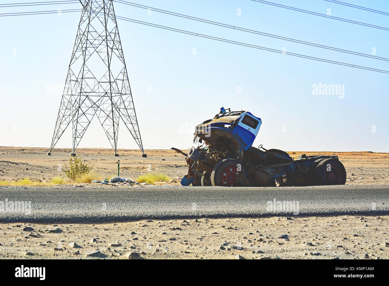 Wreckage on the road to Mecca in Al Lith near the Red Sea, south of Jeddah. Serves as a warning to reckless driving. Stock Photo