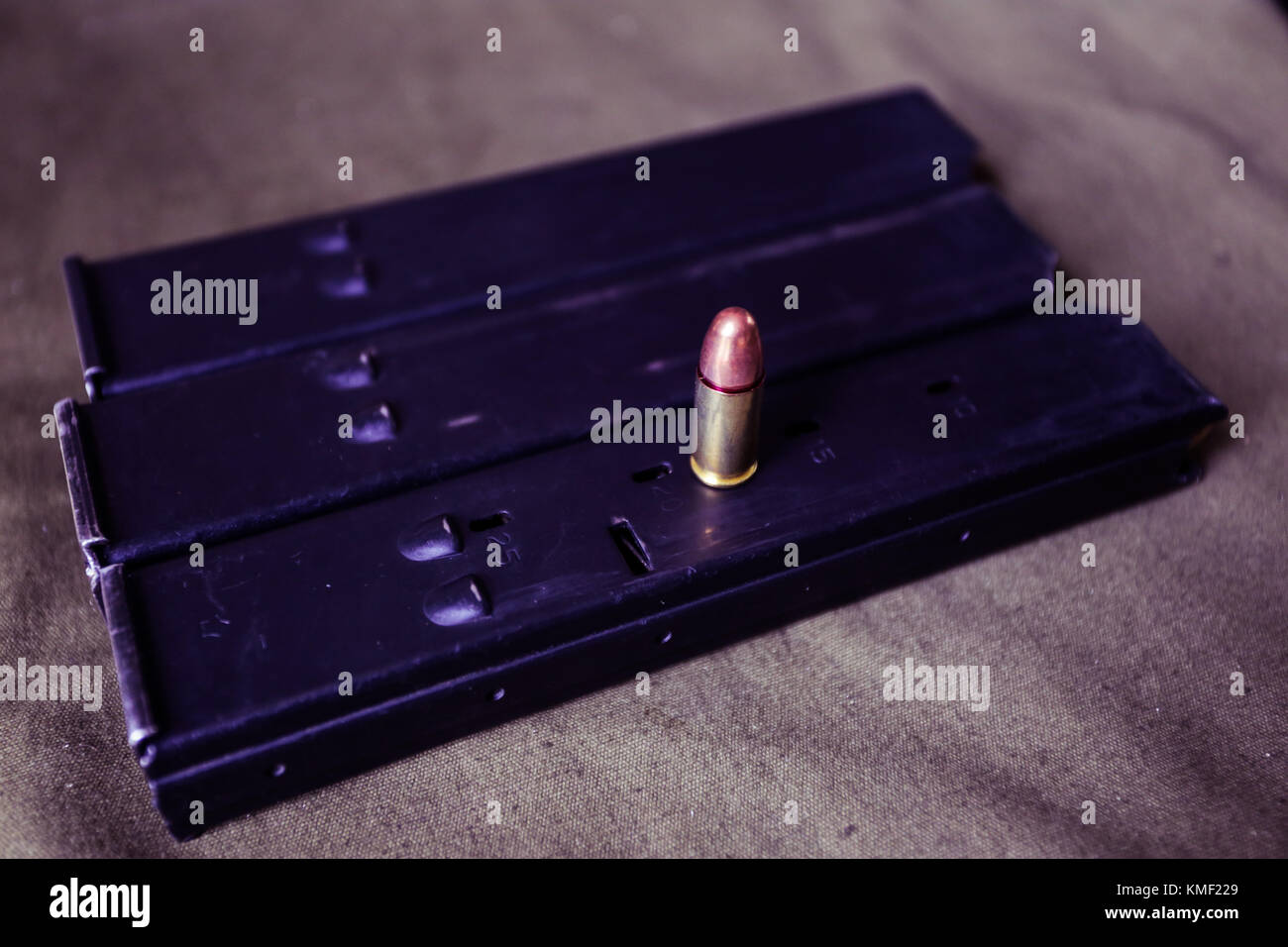9mm ammunition with cartridges on a military shooting range Stock Photo