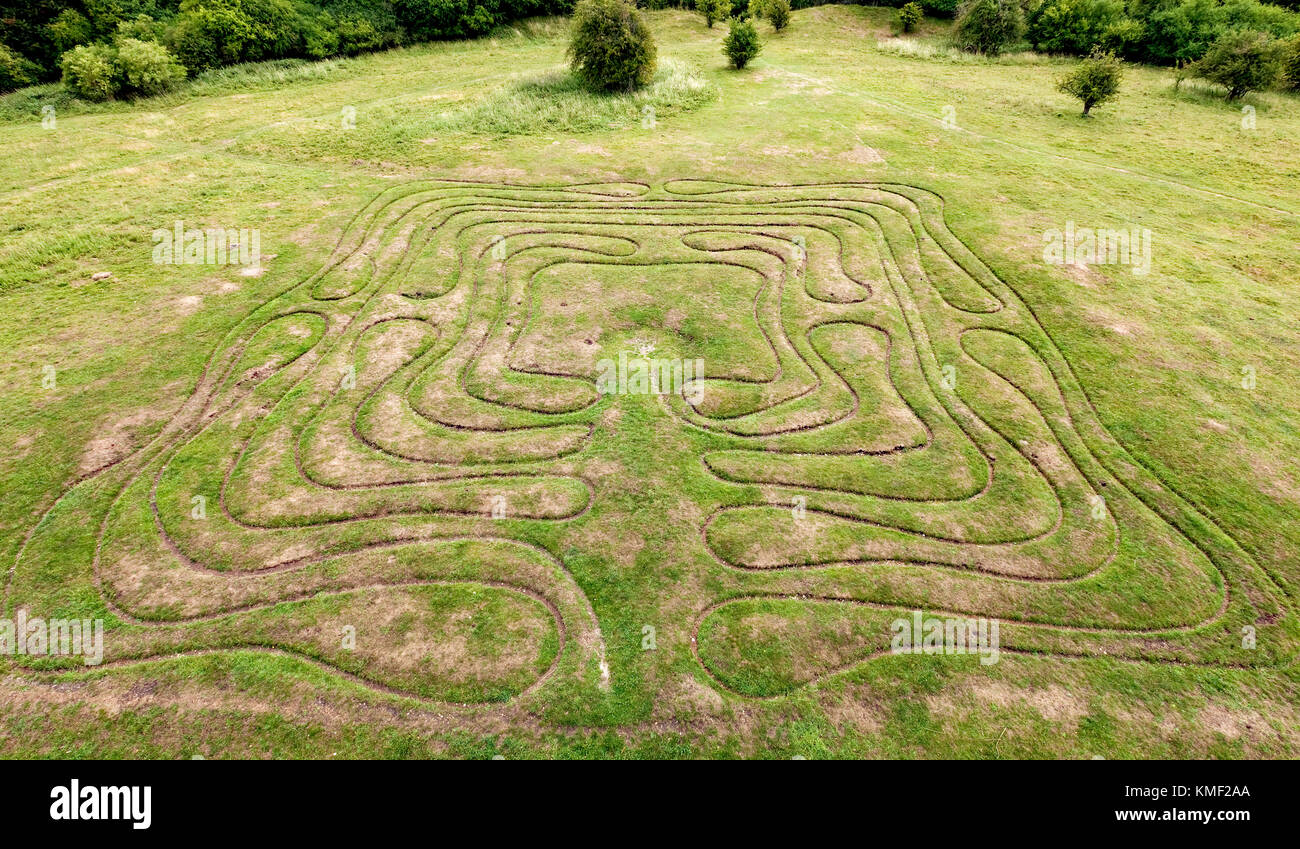Miz Maze, aerial view, St Catherine's Hill, Winchester, Hampshire, England, UK - 624m long Stock Photo