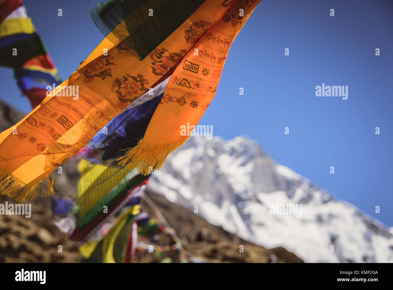 Buddhist prayer flags in Himalayas Stock Photo