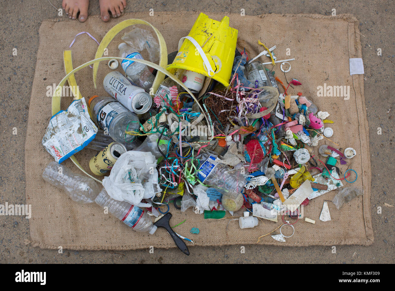 Pile of collected trash from beach clean up at Torrey Pines State Beach in San Diego,California,USA Stock Photo