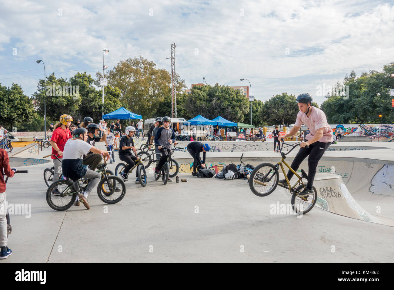 Bmx riders at skate park, during freestyle competition, Fuengirola