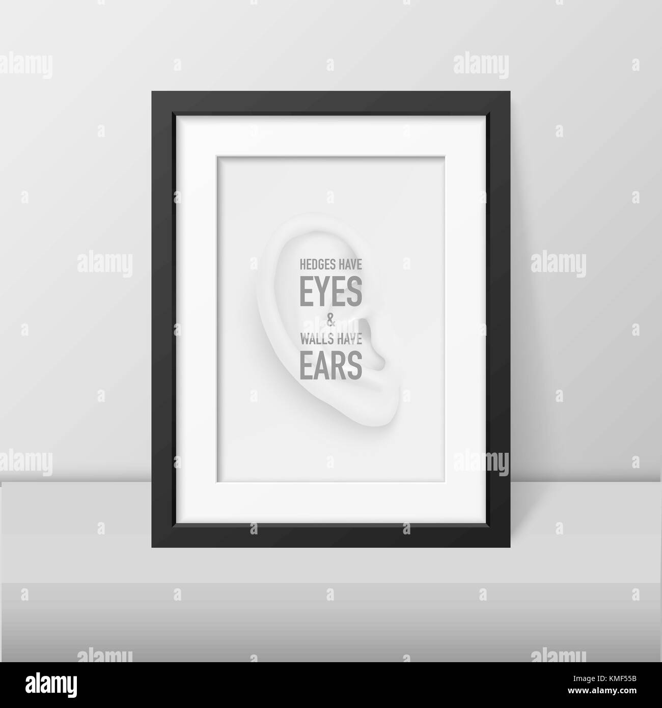 Vector background with human ear closeup and quote in black wood frame - Hedges have eyes and walls have ears. Design Body part, human organ, template for web, app, posters, infographics etc Stock Vector