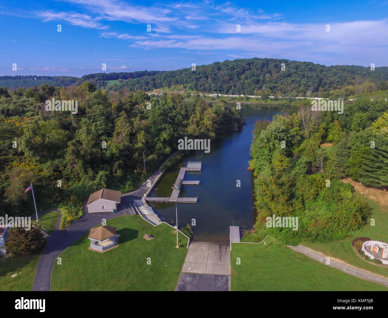 Aerial of Lake Redman in William Kain Park in Jacobus, Pennsylvania Stock Photo
