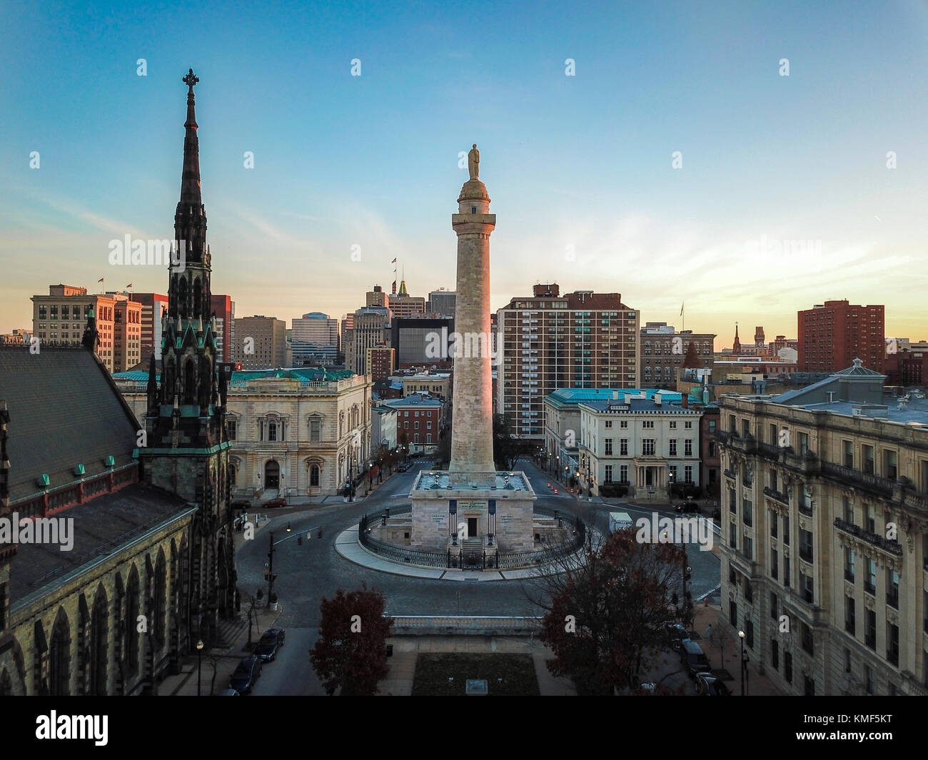 Aerial of Mount Vernon Place in Baltimore, Maryland looking at the