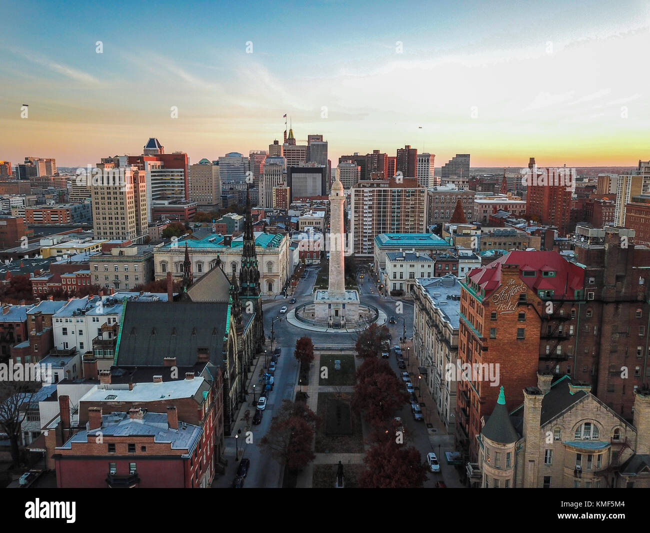 Aerial of Mount Vernon Place in Baltimore, Maryland looking at the