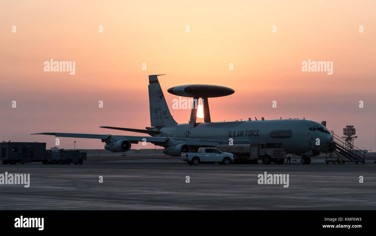 A U S Air Force E 3 Awacs Assigned To Al Dhafra Airbase United Arab Emirates Waits To Take Off To Provide Air Communications And Surveillance Capabilities To U S And Coalition Fighter And Reconnaissance