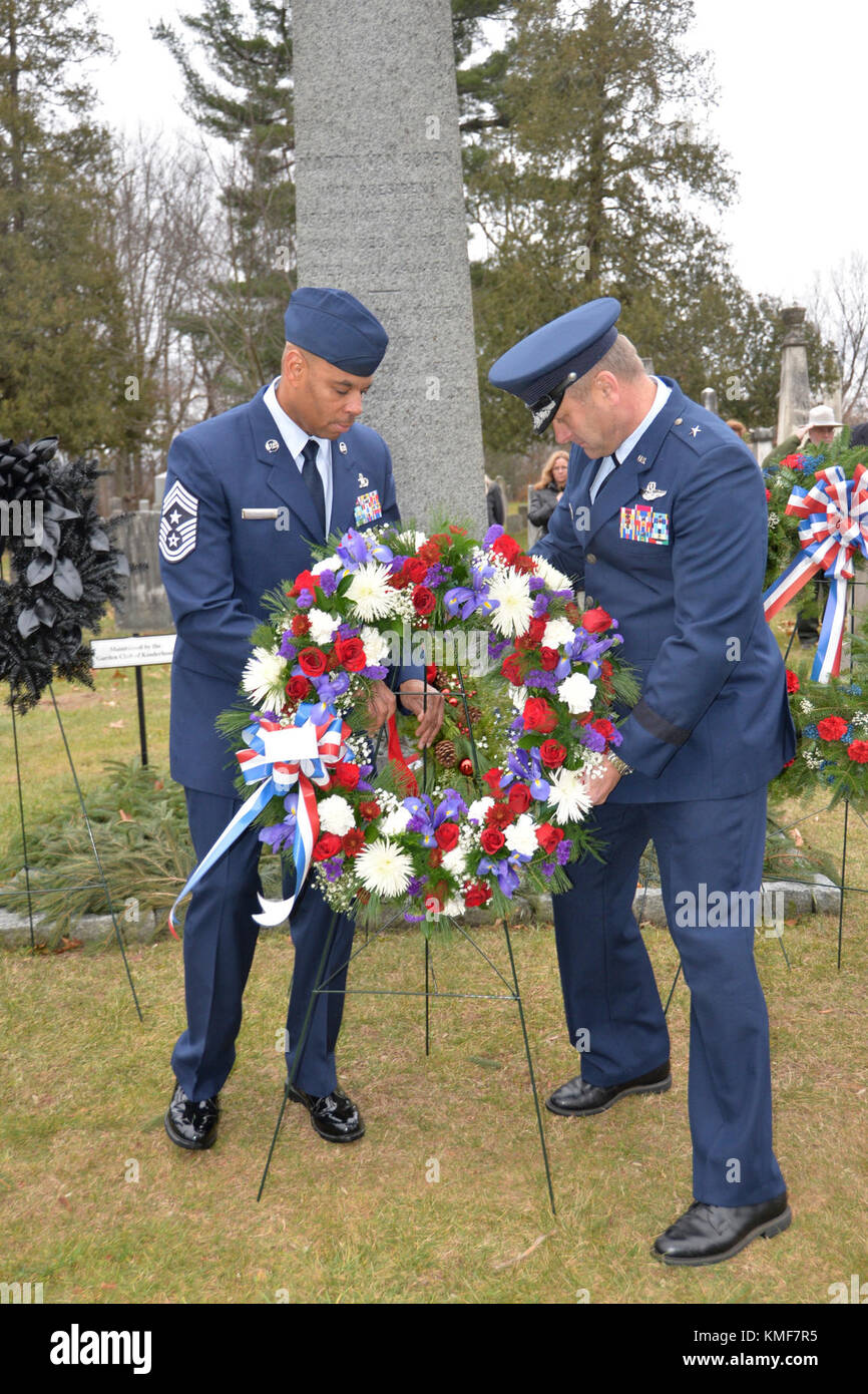 Brig. Gen. Timothy LaBarge, the Chief of Staff for the New York Air National Guard and Command Chief Master Sgt. Denny Richardson of the 109th Airlift Wing place a memorial wreath at the gravesite of  President Martin Van Buren in Kinderhook, N.Y. on Dec. 5, 2017. Members of the military present a wreath from the current President at the gravesites of former presidents on their birthdays. The New York National Guard honors Van Buren and Presidents Millard Filmore and Chester Arthur. . Army National Guard Stock Photo