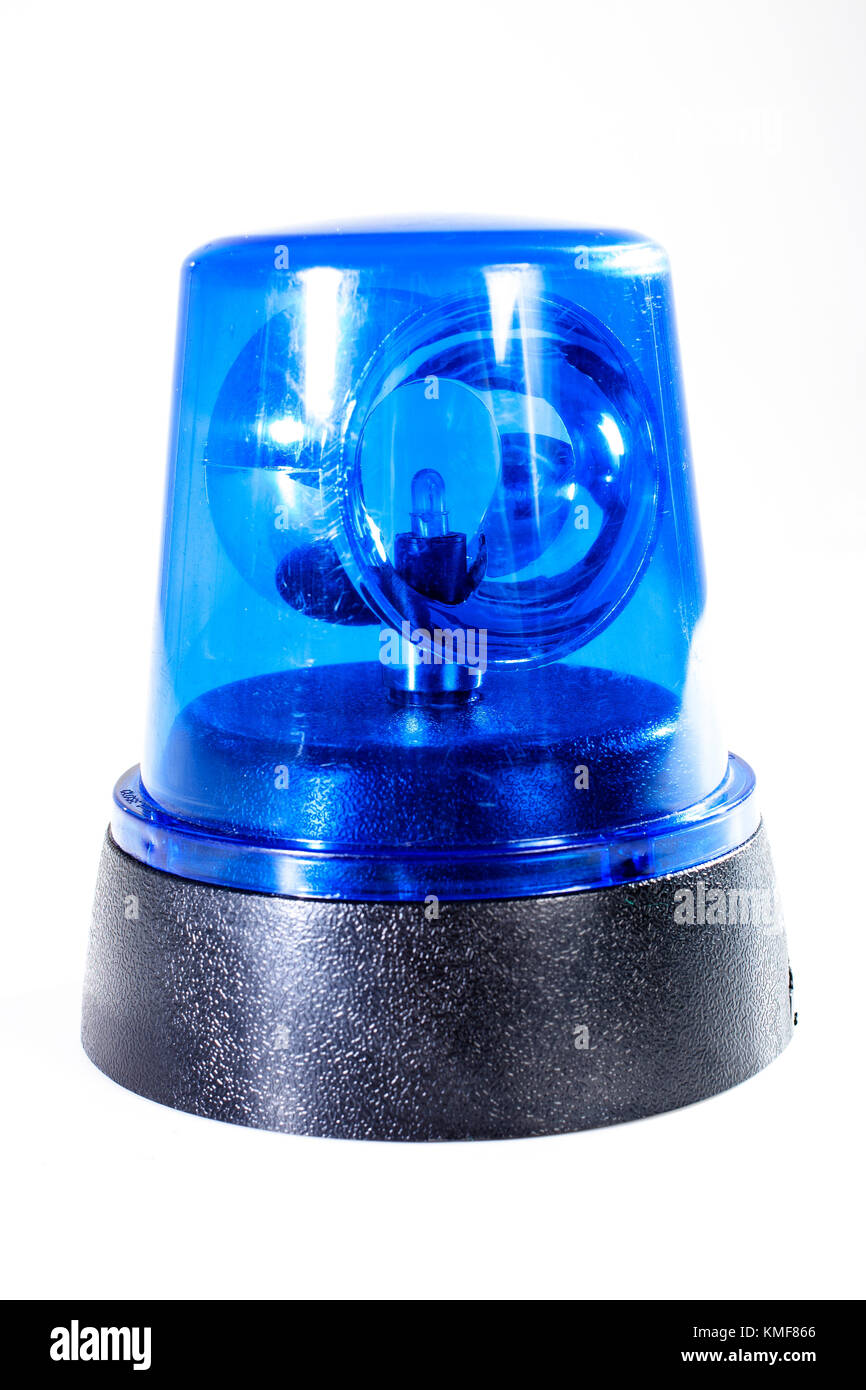 Police strobe studio photo. Emergency Light blue, spinning beacon. Glowing  siren for cars. Fire protection signs. Isolated on white background Stock  Photo - Alamy