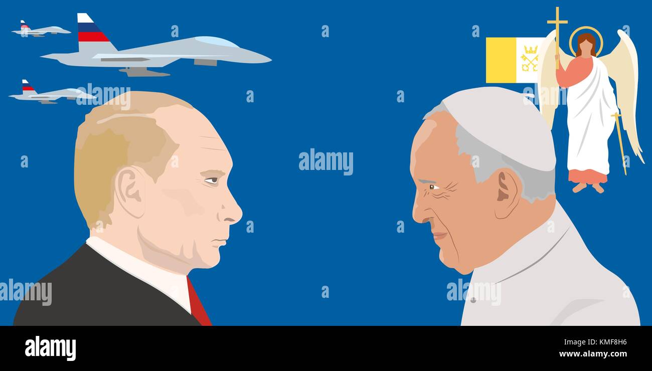 07.12.2018 Editorial illustration of the portraits of the Russian Federation President Vladimir Putin and Pope Francisco Stock Vector