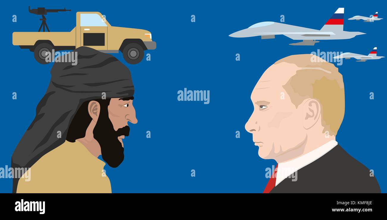 07.12.2018 Editorial illustration of the Russian Federation President Vladimir Putin against terrorist Stock Vector