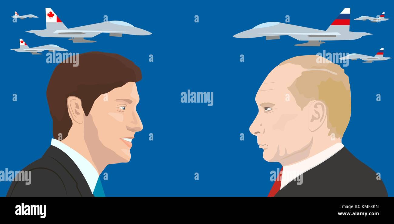 07.12.2018 Editorial illustration of the portraits of the Canadian Prime Minister Justin Trudeau and the Russian Federation President Vladimir Putin Stock Vector