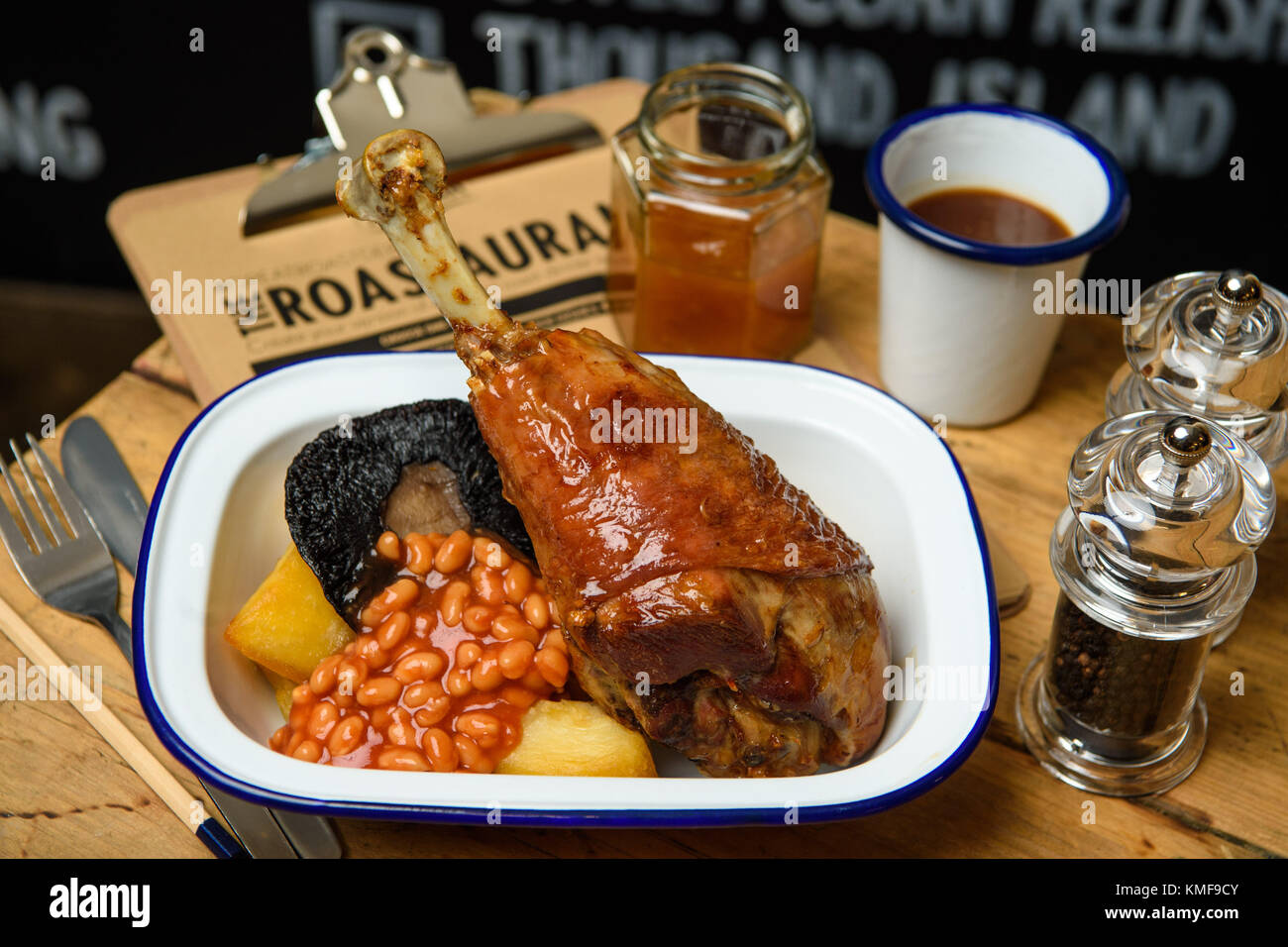 One of over 100,000 varieties of roast dinner, including turkey, mushrooms and baked beans, at the McCain Roastaurant in Shoreditch, east London, Stock Photo