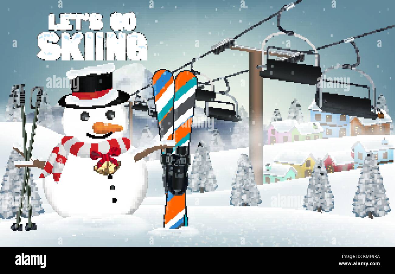 let's go skiing with snowman and ski equipment Stock Vector