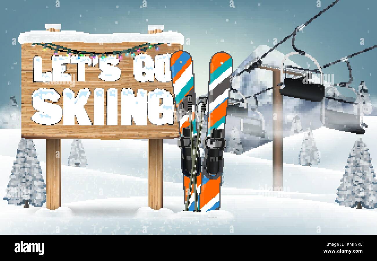let's go skiing wood board sign and ski equipment Stock Vector