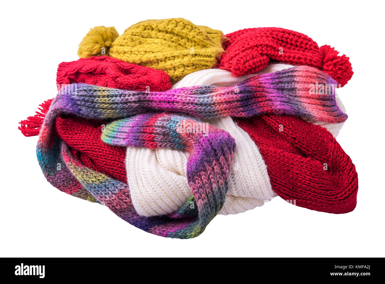 Warm winter clothes. Caps and scarves Stock Photo Alamy