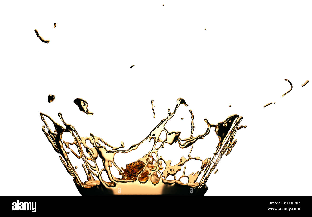 Liquid gold or oil splatter and splashes isolated on white. 3d render ...