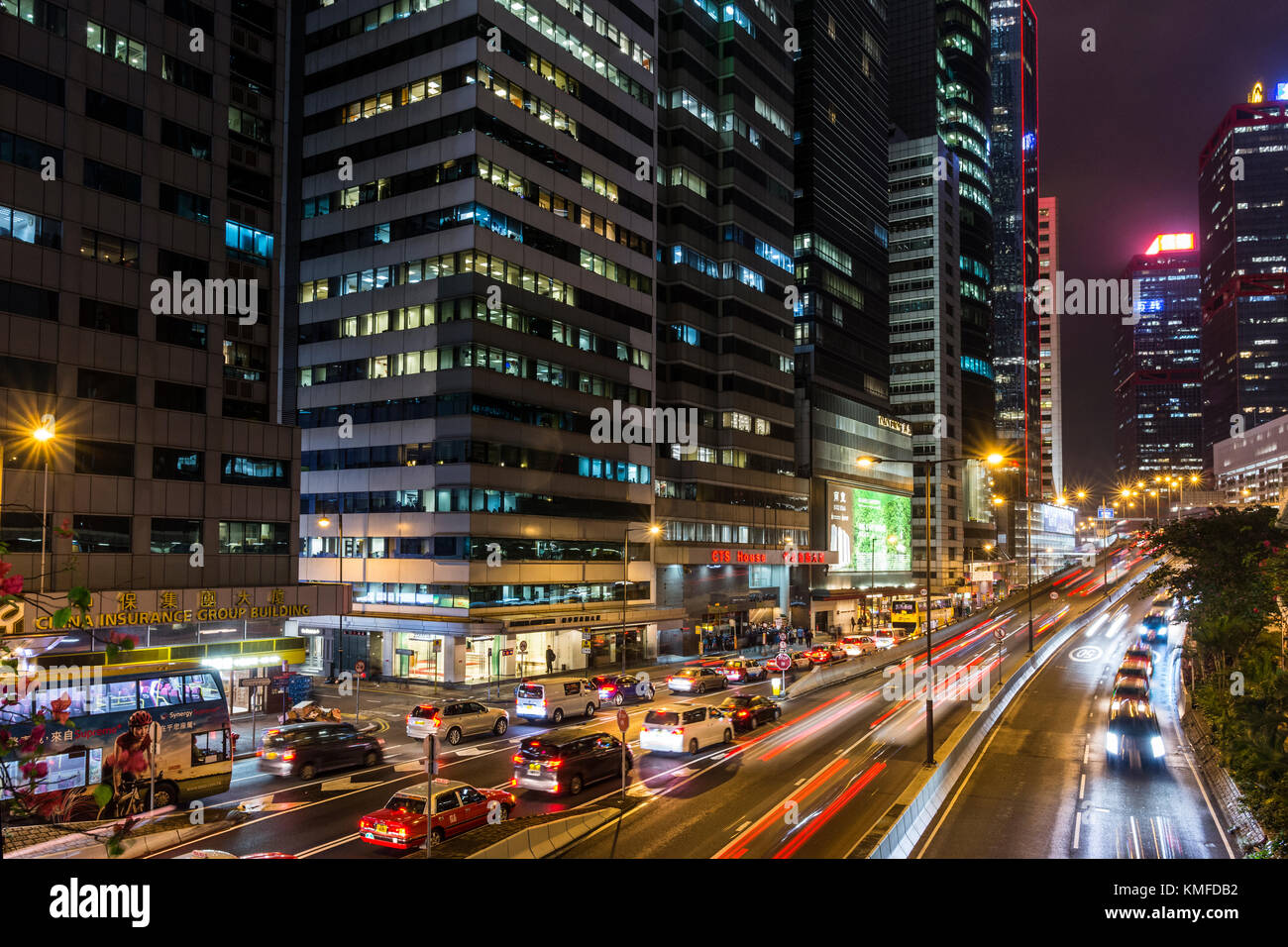 A night view of the traffic in the streets of Hong Kong Island Stock Photo