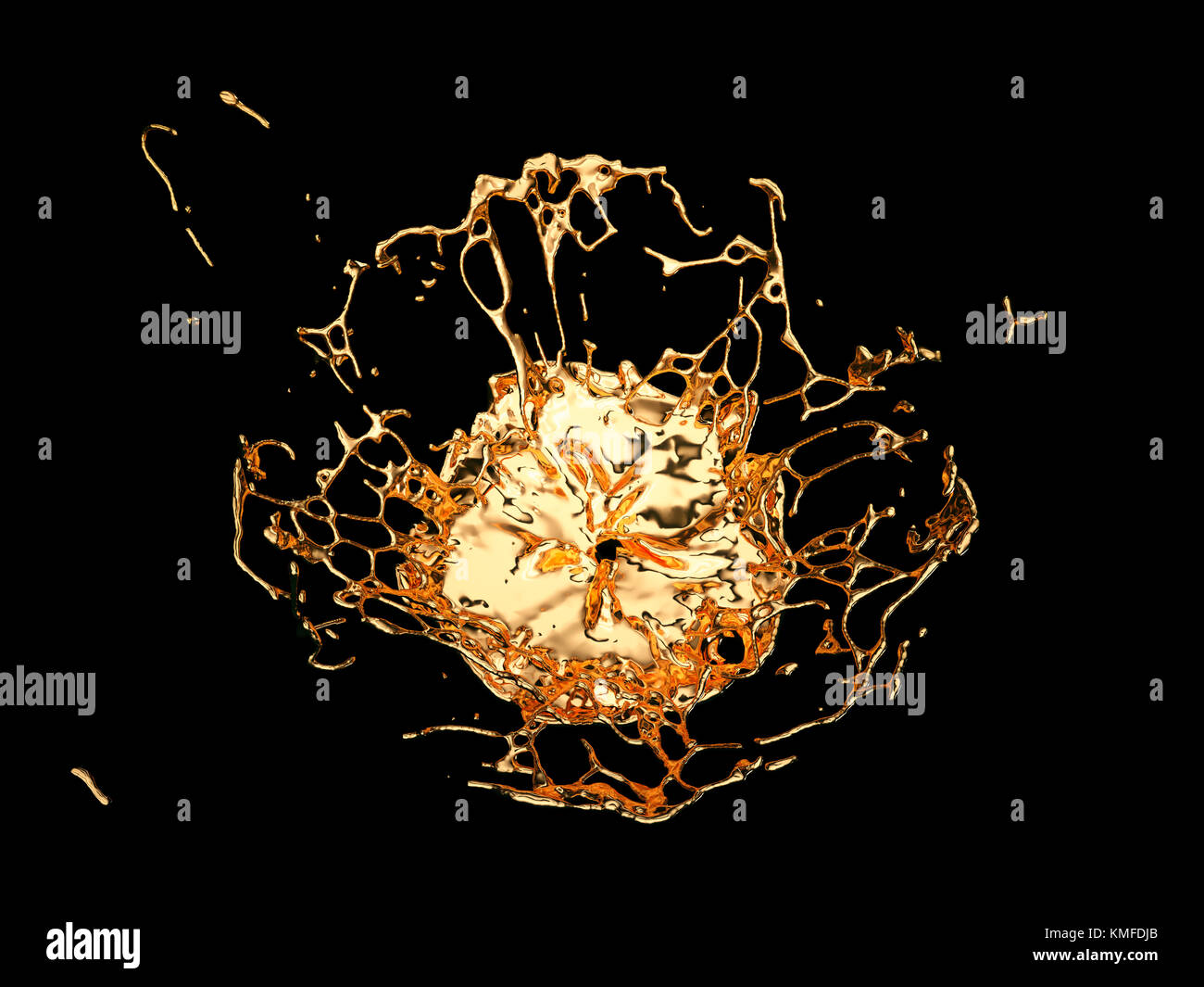 Liquid gold or oil splatter and splashes isolated on black. 3d render