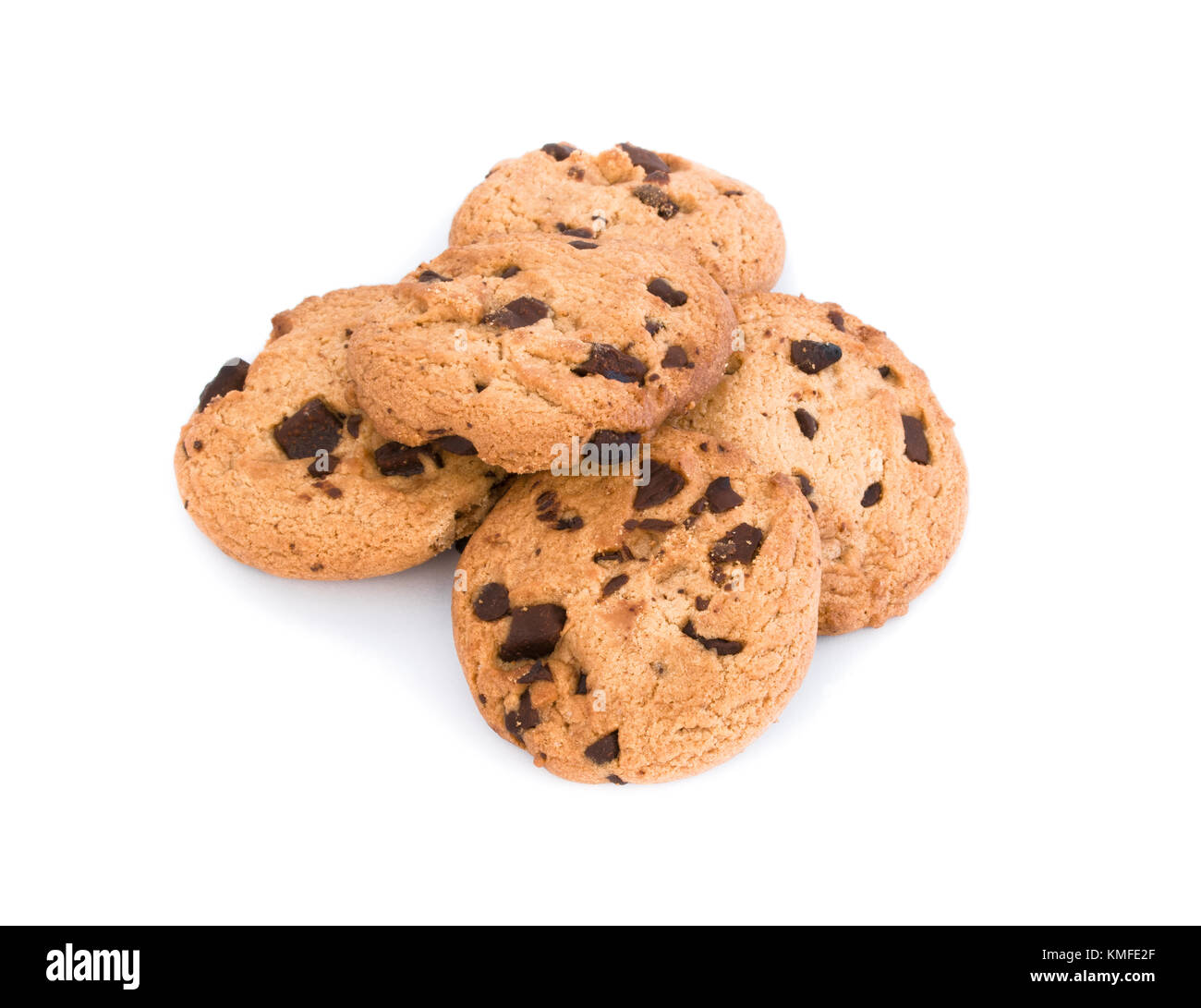 Heap of five Homemade Double Chocolate chip cookies isolated on white