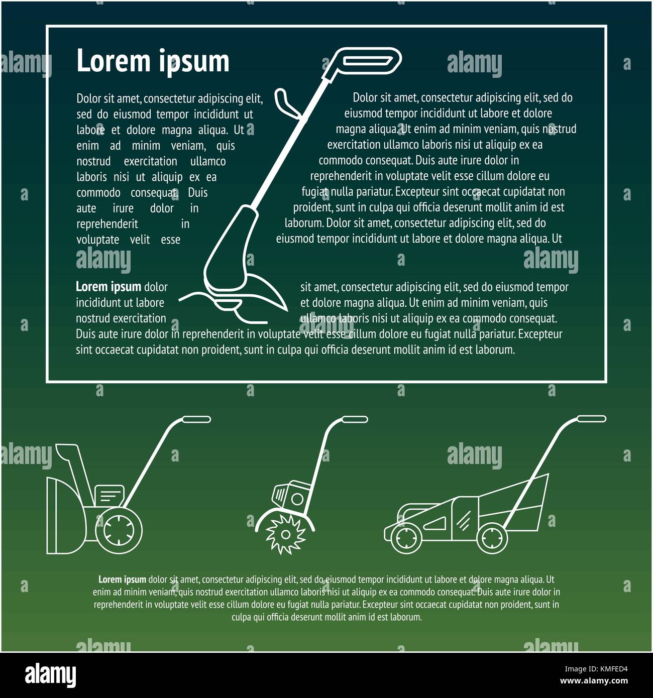 line icons of gardening power tools for flyer or leaflet. Technique for garden and lawn care Stock Vector