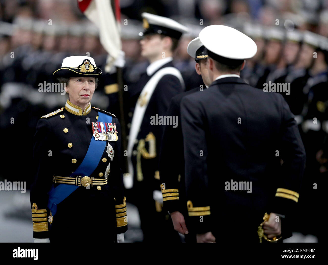 The Princess Royal Commodore-in-Chief, HMNB Portsmouth, stands during the commissioning ceremony of Britain's biggest and most powerful warship HMS Queen Elizabeth into the Royal Navy Fleet at Portsmouth Harbour. Stock Photo
