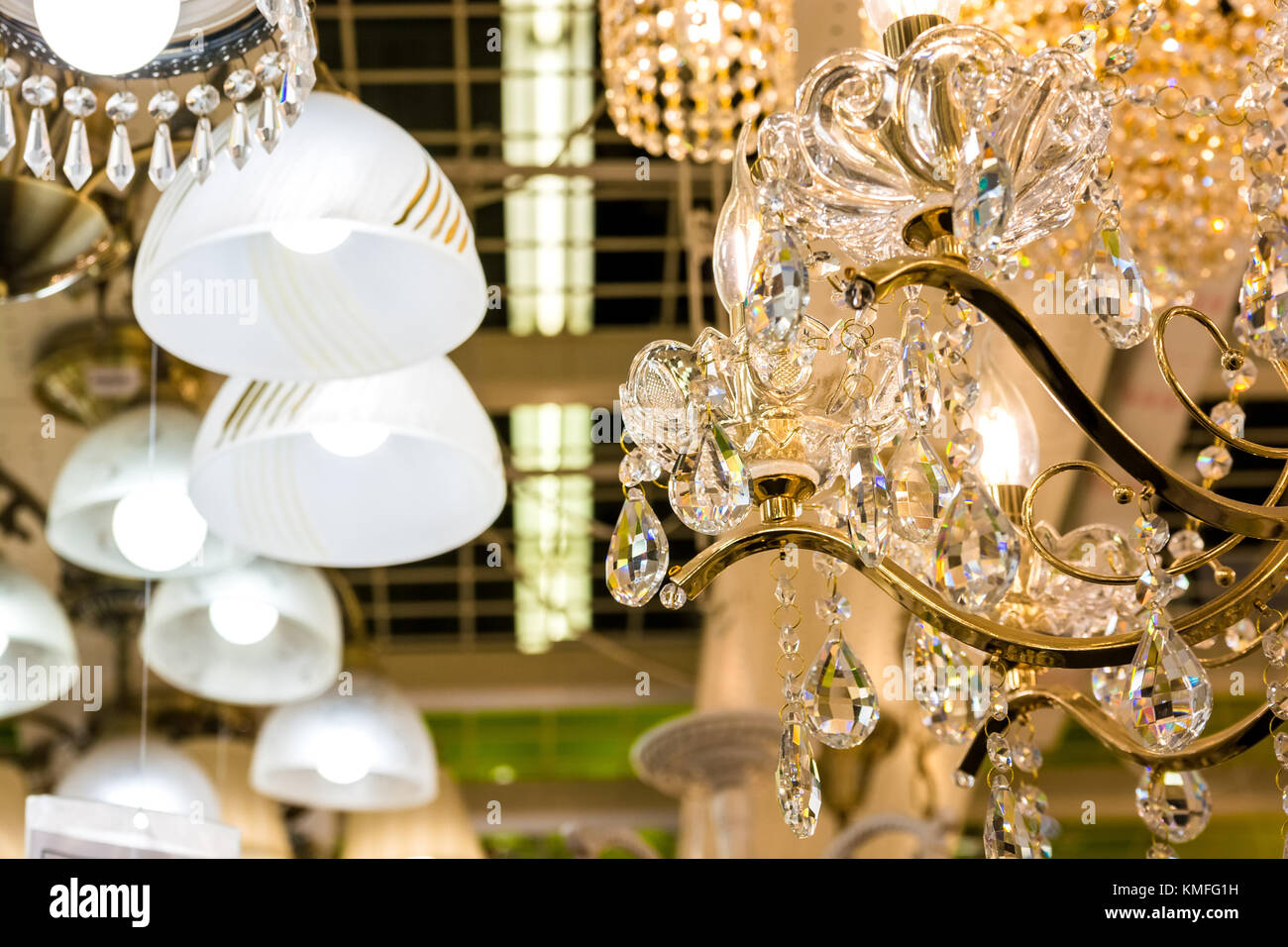 Various chandeliers at home furnishings store Stock Photo Alamy