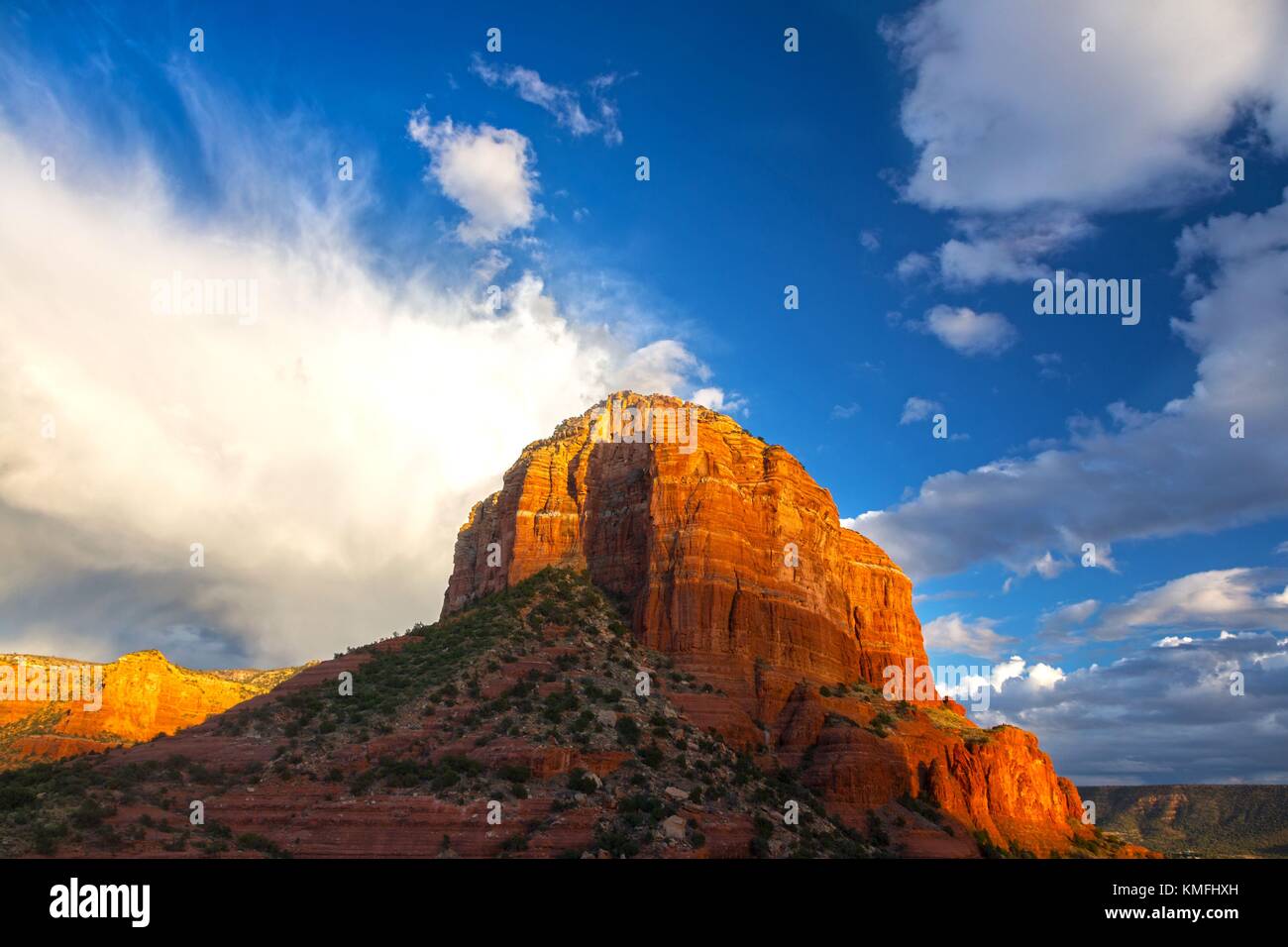 Courthouse Butte Rock Feature and Dramatic Sunset Sky Landscape near Oak Creek Village in West Sedona Arizona United States Stock Photo