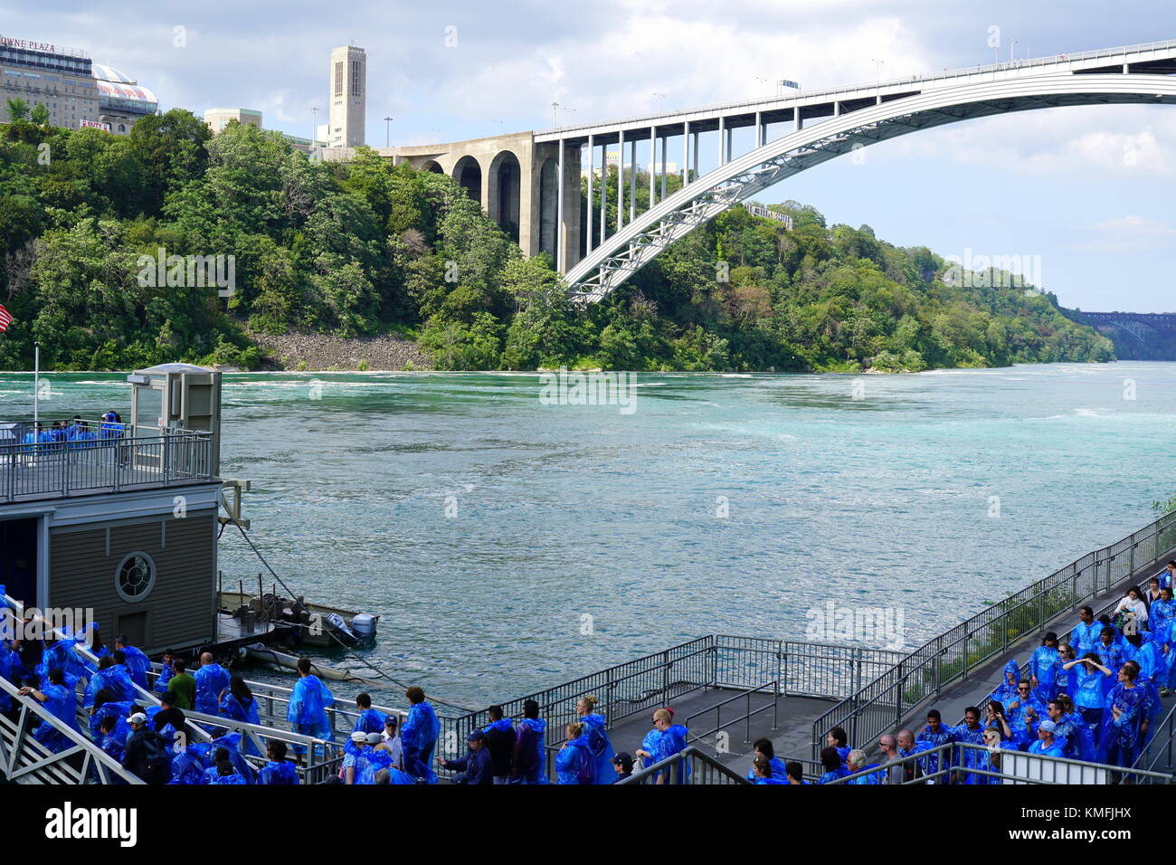 Visitors (tourists) boarding the Maid of the Mist ferry boat at Niagara Falls, New York, USA Stock Photo