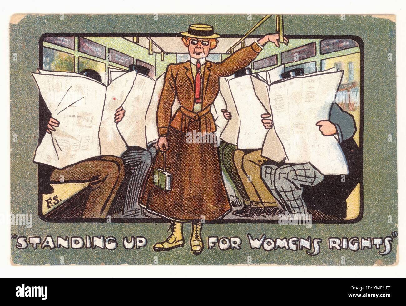 Original Edwardian era propaganda comic picture postcard (Suffragette theme)  - standing up for women's rights - anti-suffragette card, typically depicting the campaigning woman as unattractive and dowdy, and not worthy of the men giving up their seat for her. U.K. 1907. Stock Photo