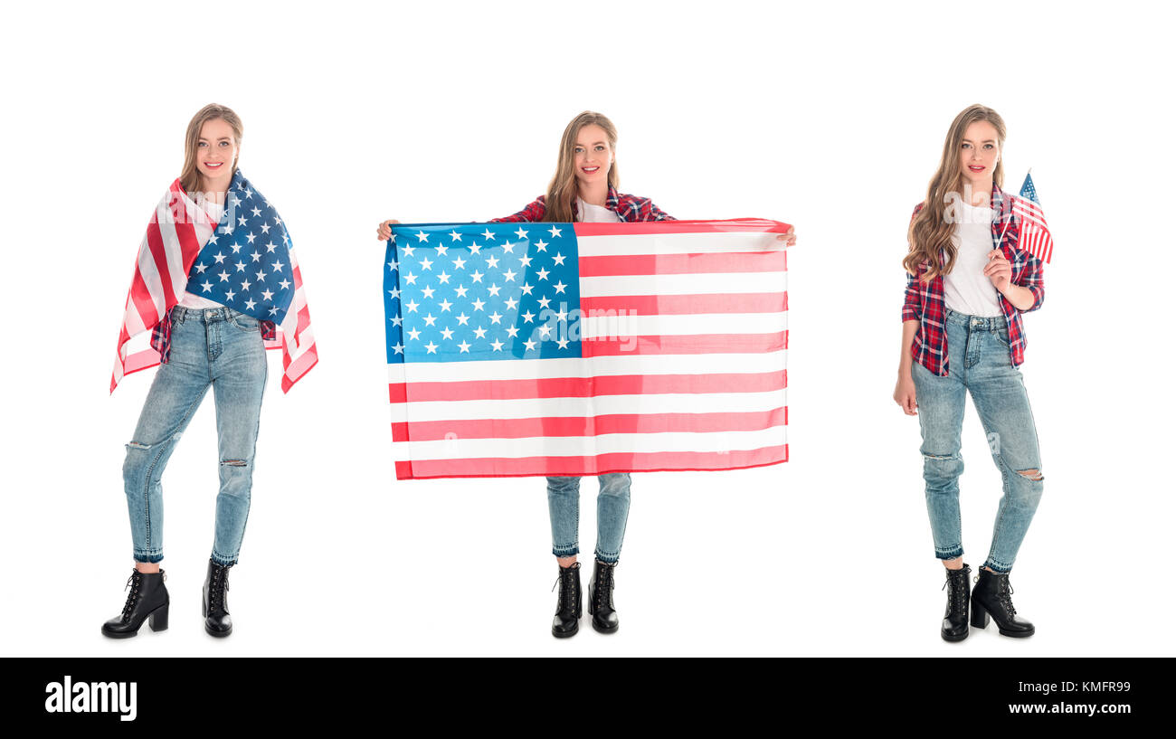 young women with american flags Stock Photo