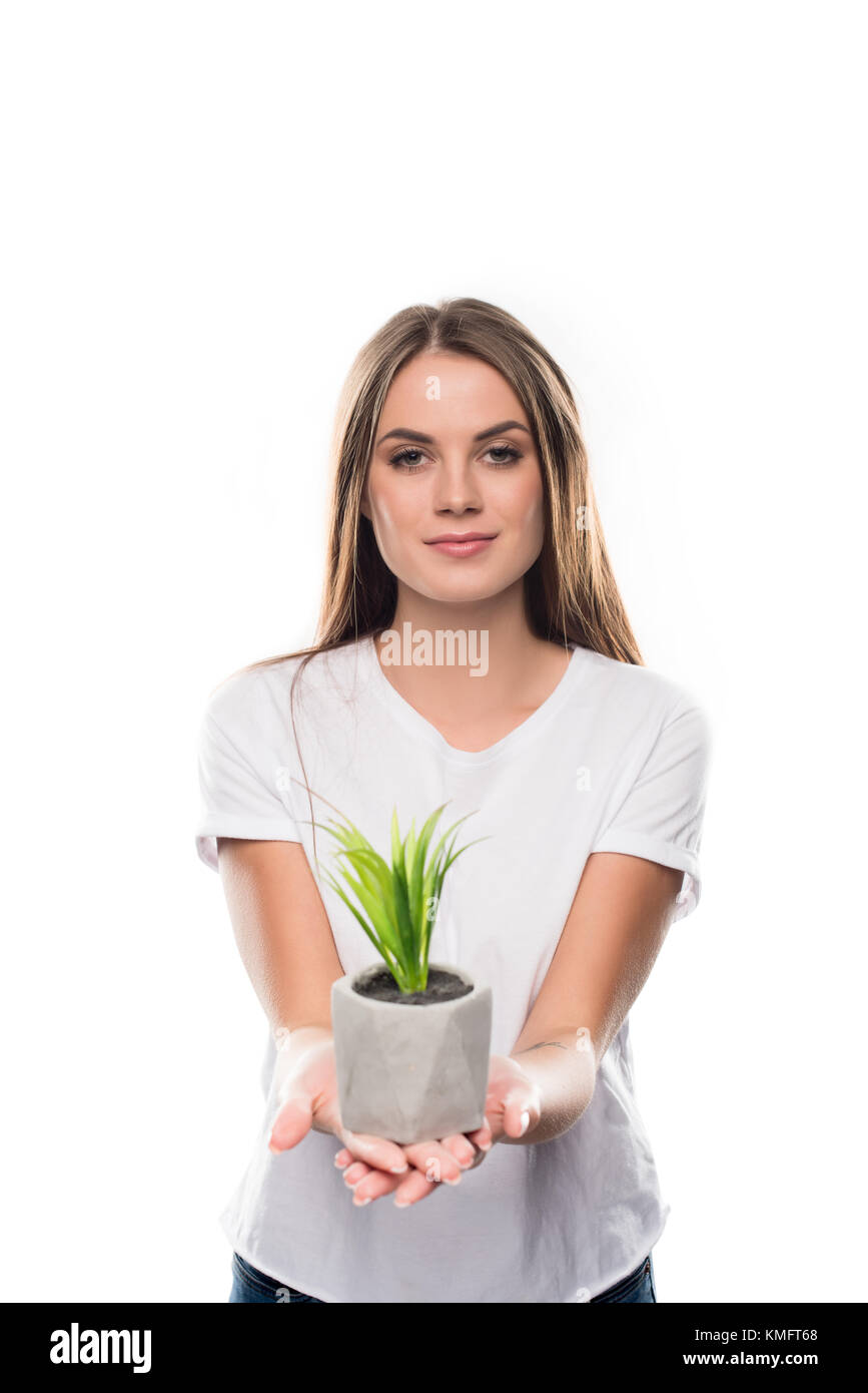 girl holding potted plant Stock Photo - Alamy
