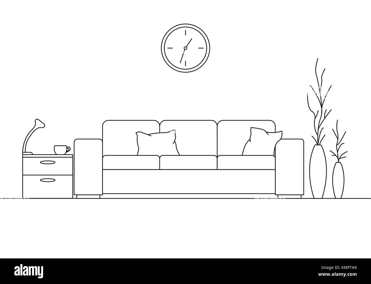 Modern interior. Sofa, lamp and bedside table. The clock hangs on the wall. Vector illustration in a linear style. Stock Vector