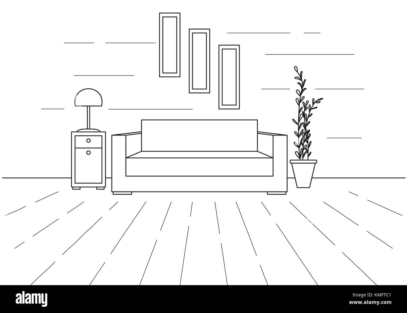 Modern interior. Sofa, floor lamp and bedside table. The clock hangs on the wall. In front of the sofa is a carpet. Vector illustration in a linear st Stock Vector